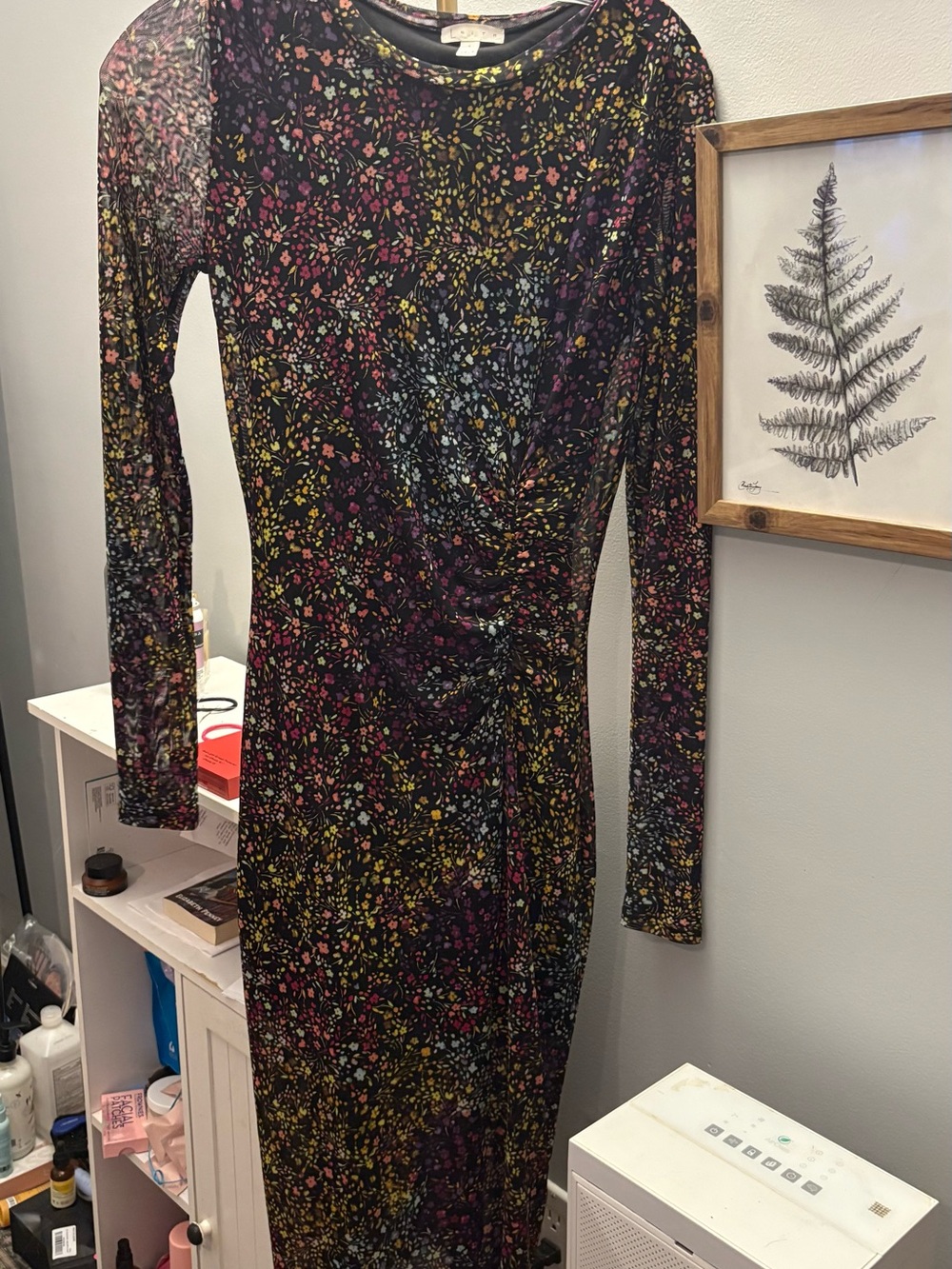 Leith Black Floral Ruched Long Sleeve Midi Dress
